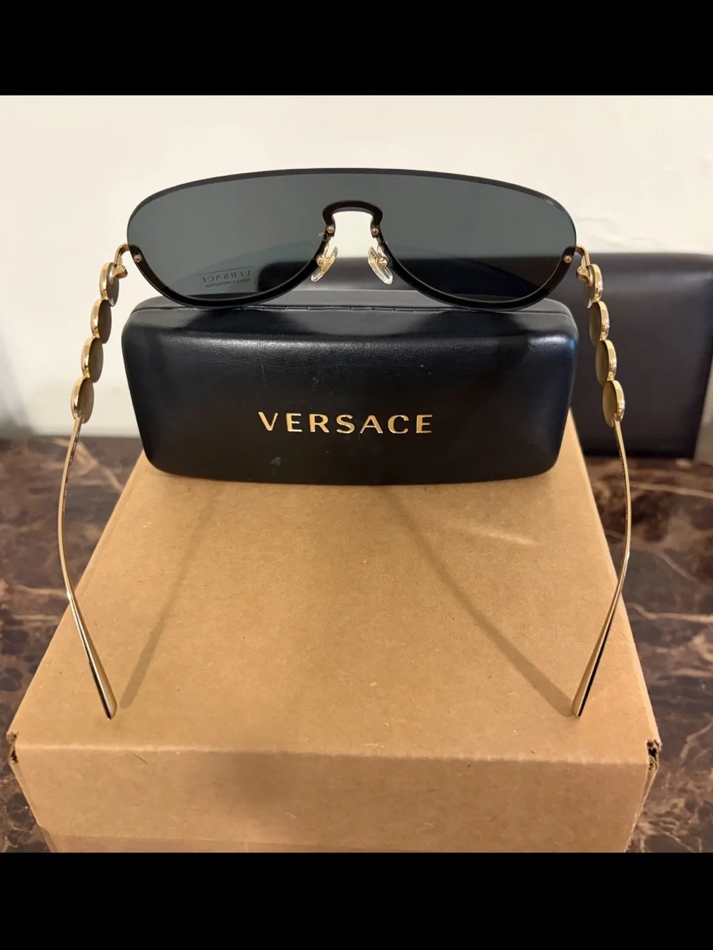 Versace Gold Medusa Coin Temple Sunglasses with Black Lenses